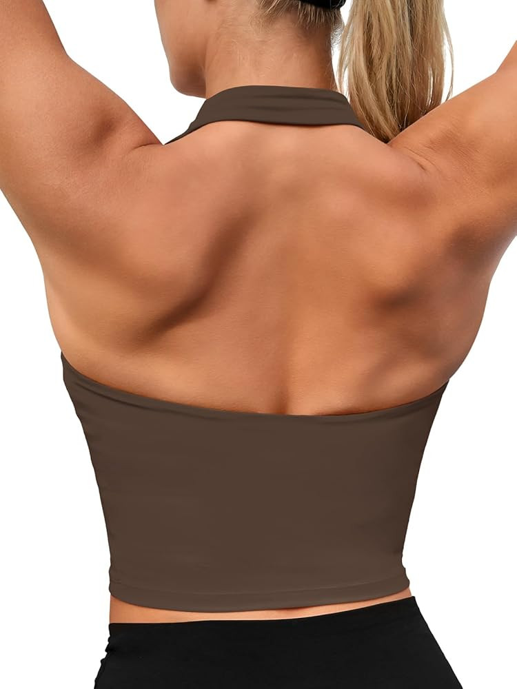 Aoysky Womens Buttery Soft Halter Workout Tank Tops with Built in Bra Cropped Padded Open Back Gy... | Amazon (US)