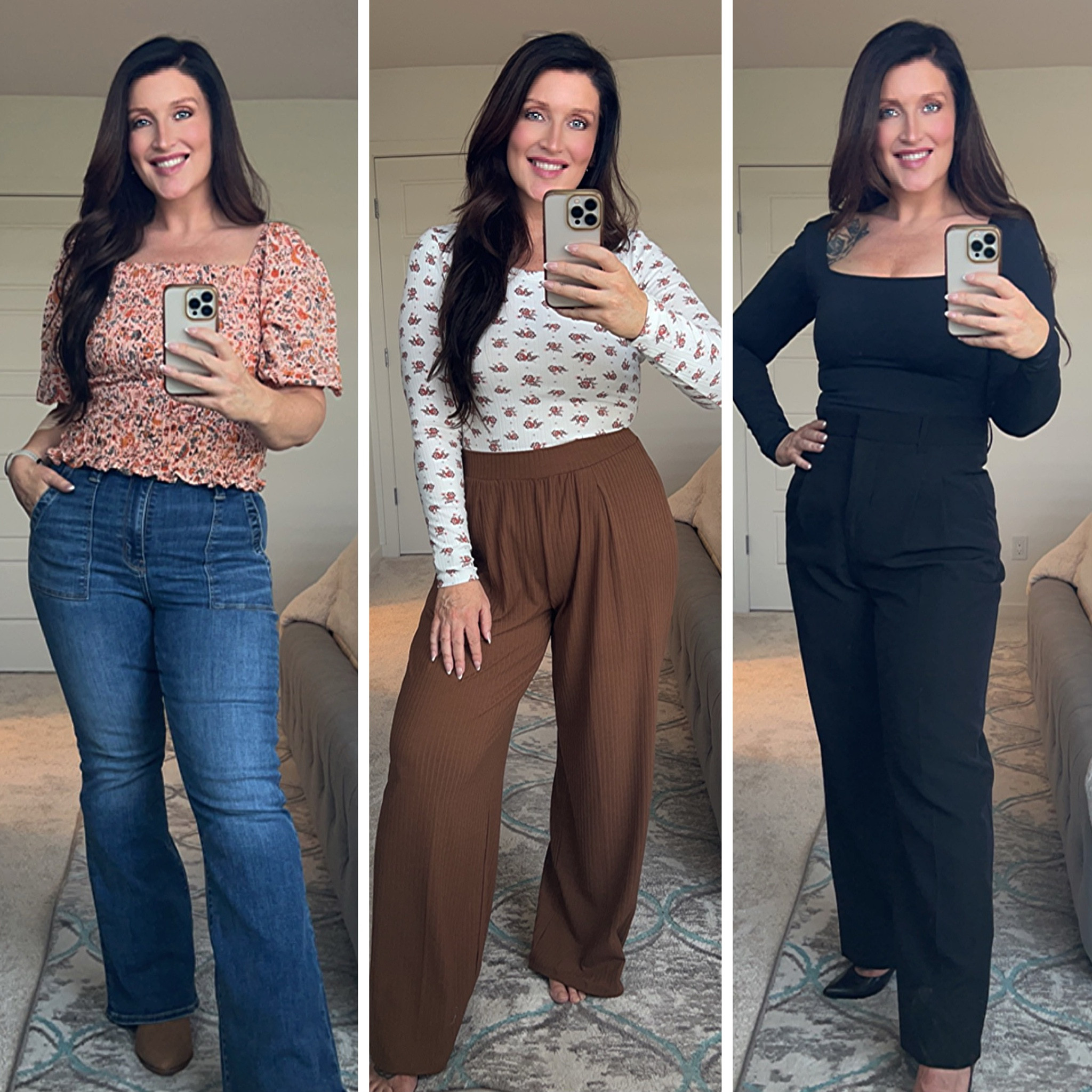 Brown wide leg pants are from Joefresh, but I couldn’t find them online, the bodysuit is from Aritzia I’m in a medium in all the tops, the jeans are super stretchy and I’m wearing my regular size 8. I would say everything fits tts  

#LTKover40 #LTKSeasonal #LTKmidsize