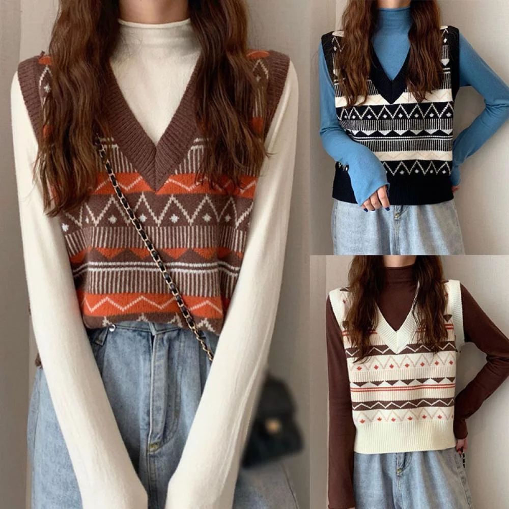 Walmklly Women's Autumn And Winter Sweater Vest Korean Vintage Print V-neck No Button Loose Pullo... | Walmart (US)