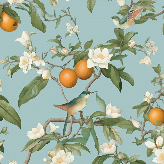 Laatse Blue Floral Wallpaper Peel and Stick, Vintage Bird Leaf Fruit Contact Paper, Self Adhesive... | Amazon (US)