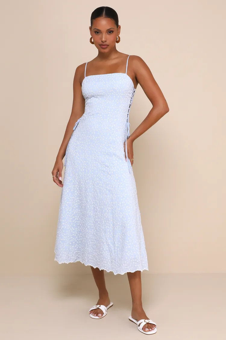 Adoring Pose Blue Embroidered Floral Lace-Up Midi Dress | Lulus