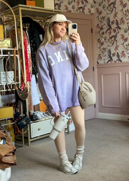 OOTD
Anine Bing lavender sweatshirt. 
Size large for an oversized fit. 
Lululemon align leggings in color Prosecco 
Size 4 
ASOS slouchy crew socks 
Golden Goose Dad Star Sneakers 
Size 37 
Anthro Cream faux leather hat 
Stanley 40 oz tumbler in the color Dune

#LTKstyletip #LTKfit #LTKFind