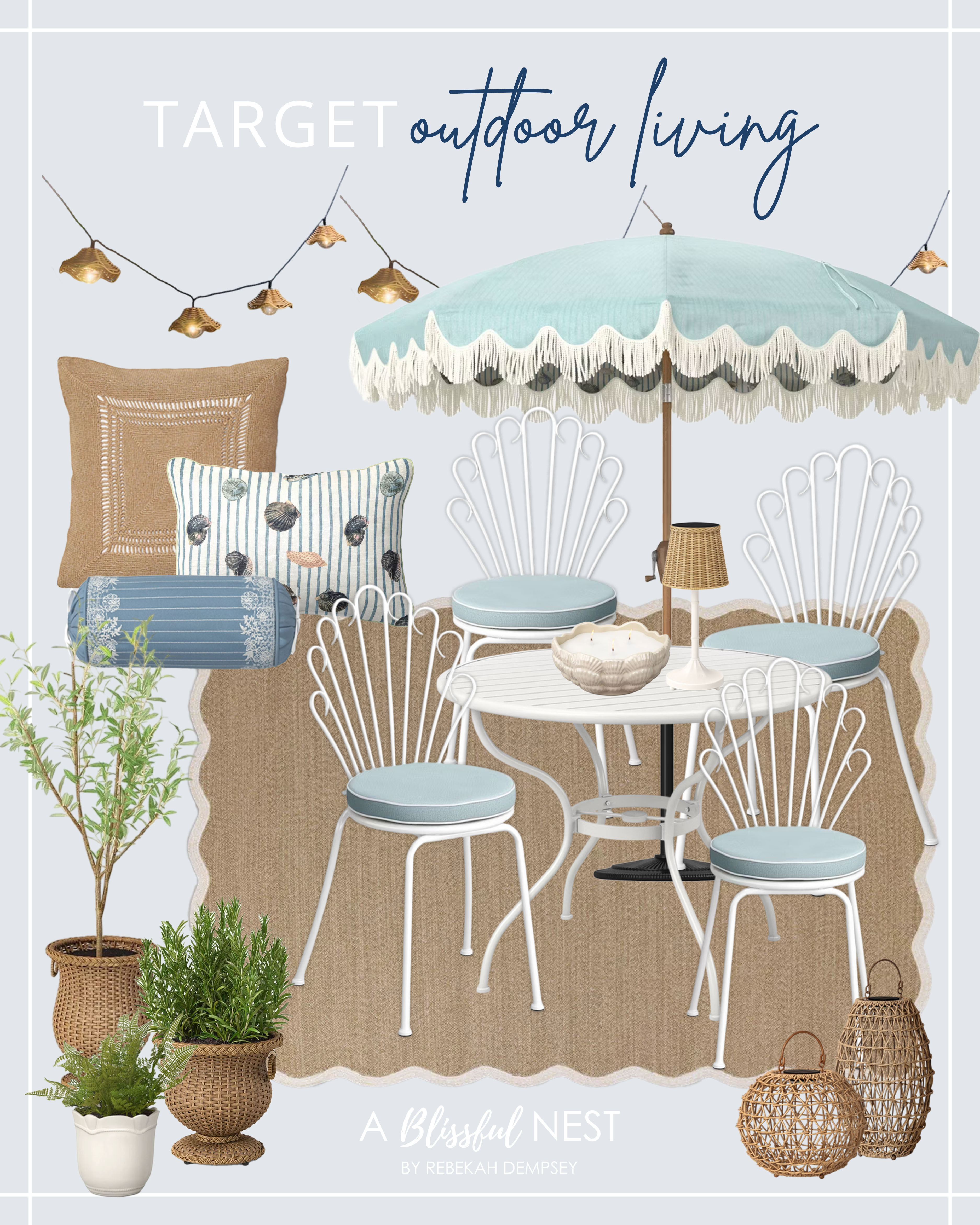 This Target outdoor living setup is giving the prettiest coastal patio vibes for summer. Shop these favorites.

LED lantern, wicker outdoor planter, citronella outdoor candle, metal outdoor patio bistro table, solar string lights, fringed dome outdoor patio umbrella, weave LED outdoor lanterns, ivory ceramic outdoor planter, tripe side tie throw pillow, shell striped patio lumbar pillow, natural weave throw pillow, stackable shell patio dining chair, scallop braid rectangular rug 

 #LTKHome