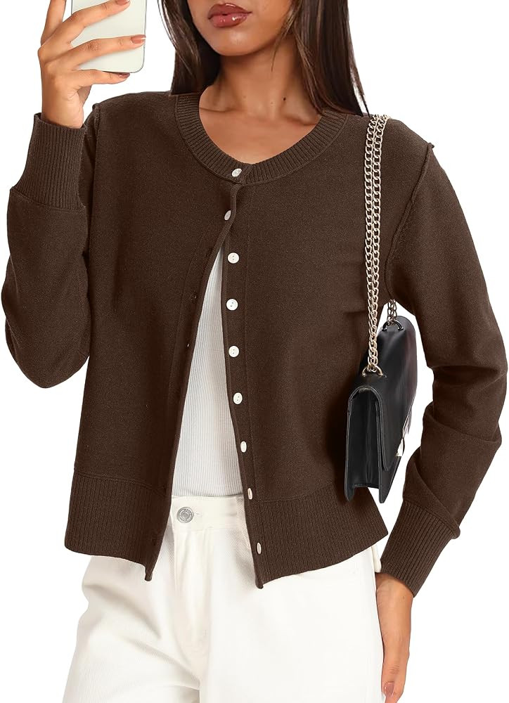 Darong Women's Button Down Cropped Lightweight Cardigan Sweater Crew Neck Outfits Fall Fashion 20... | Amazon (US)
