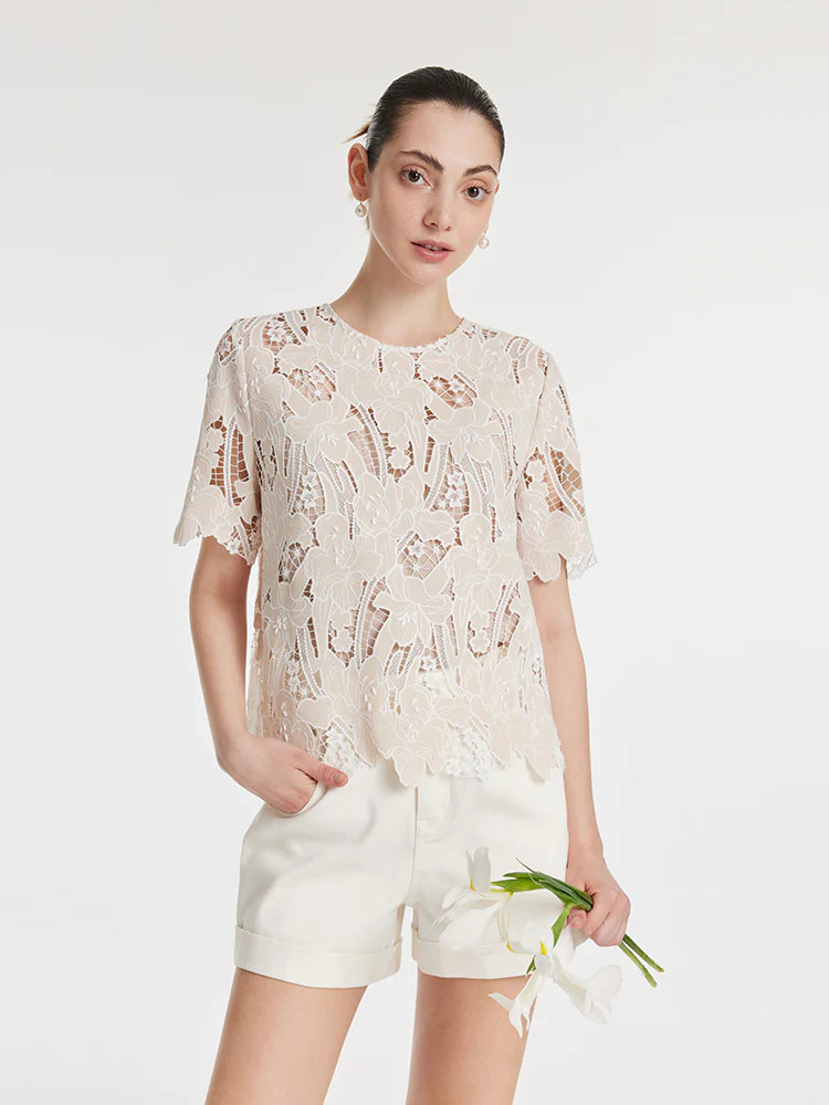 Lace Floral-Shaped Openwork Women Blouse With Bottomed Camisole | GOELIA