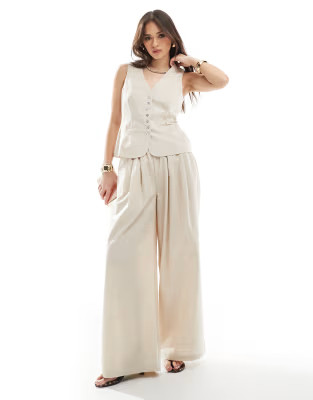 4th & Reckless linen blend tailored ruched waistband wide leg trousers co-ord in beige | ASOS (Global)