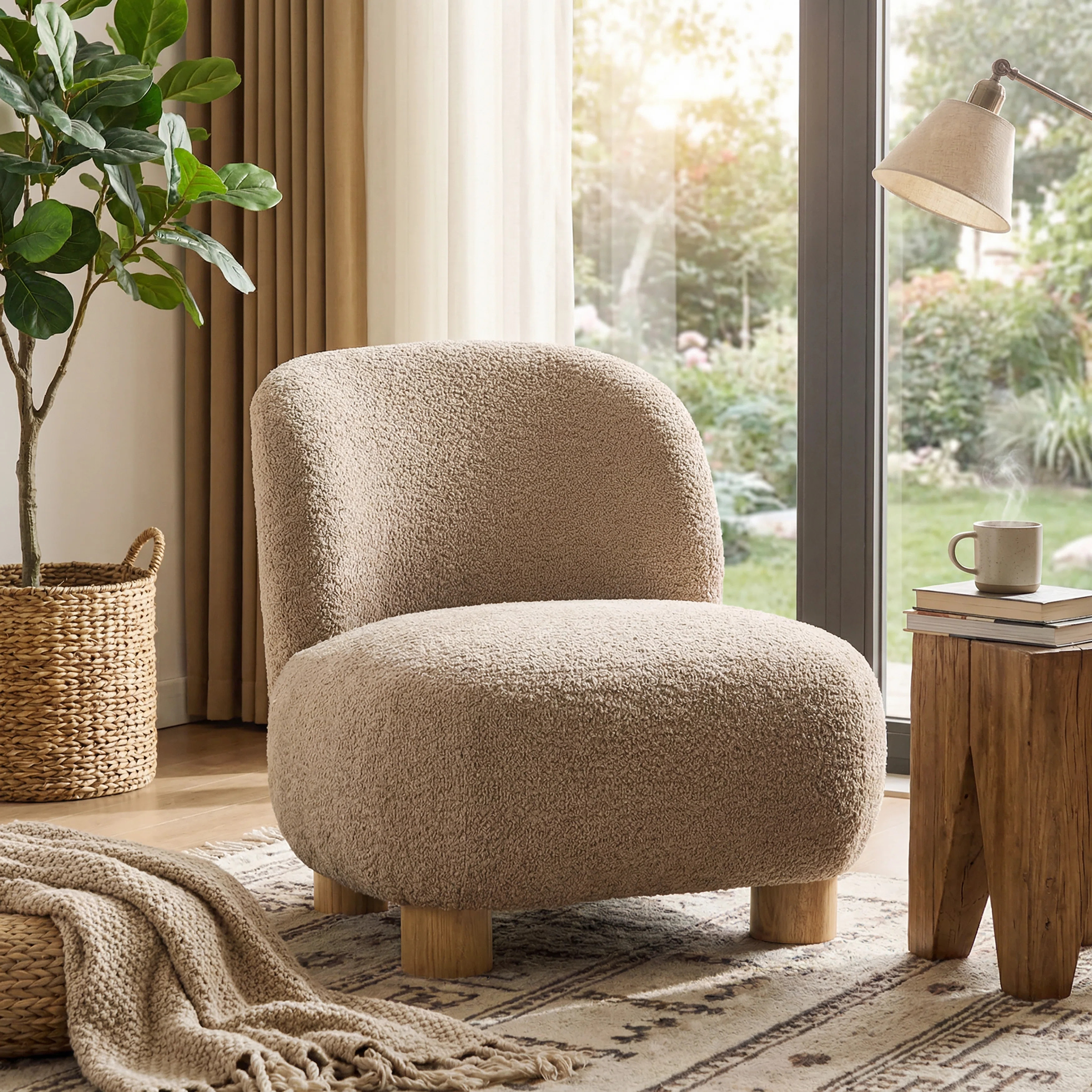 Organic Modern Boucle Upholstered Low-Profile Slipper Accent Chair with Solid Wood Legs | Wayfair North America