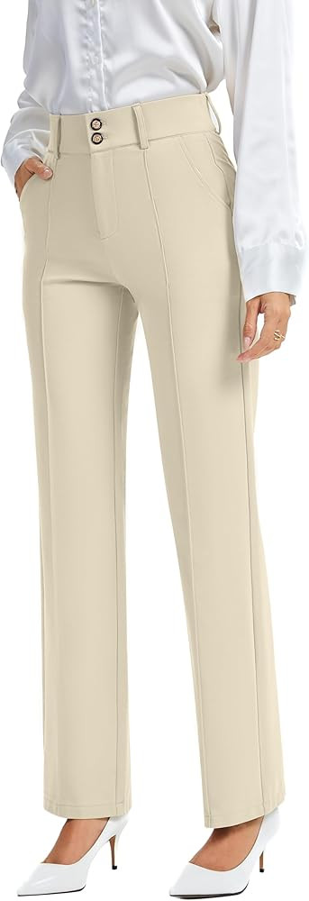FUNYYZO Dress Pants Women's Stretchy Straight Leg Button Slacks Trousers with Pockets Casual Pant... | Amazon (US)