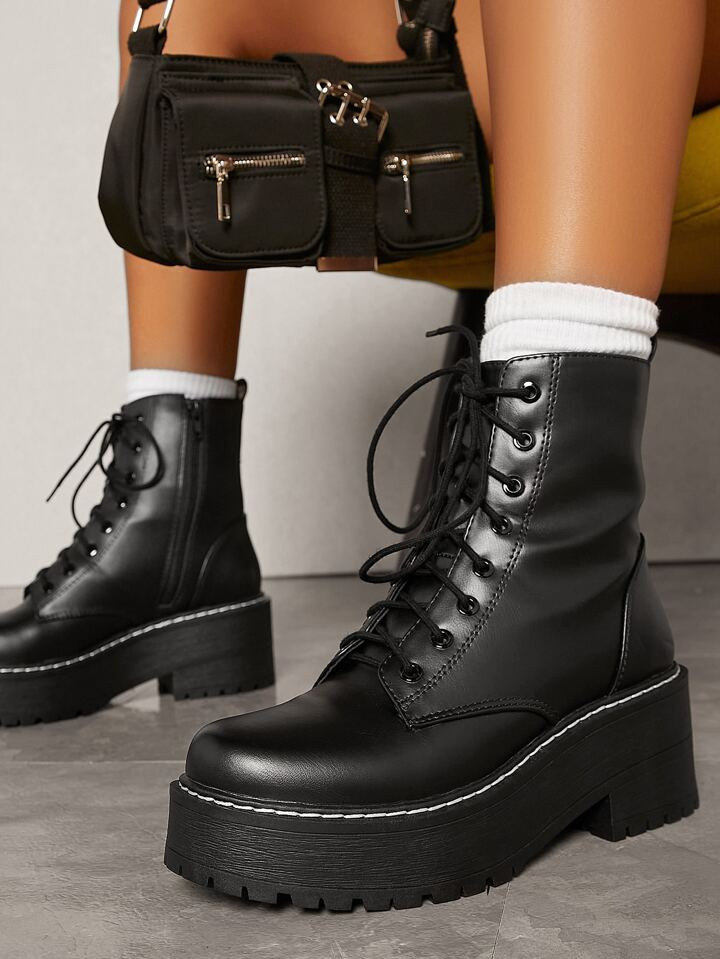 Casual Chunky Heel Lace Up Combat Boots | SHEIN