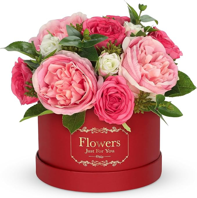 Hollyone Red Pink Artificial Peonies Roses in Vase Round Gift Boxes with Fake Flowers Arrangement... | Amazon (US)