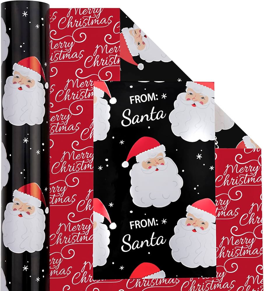 WRAPAHOLIC Reversible Christmas Wrapping Paper - Mini Roll - 17 Inch X 33 Feet - Black Jolly Sant... | Amazon (US)