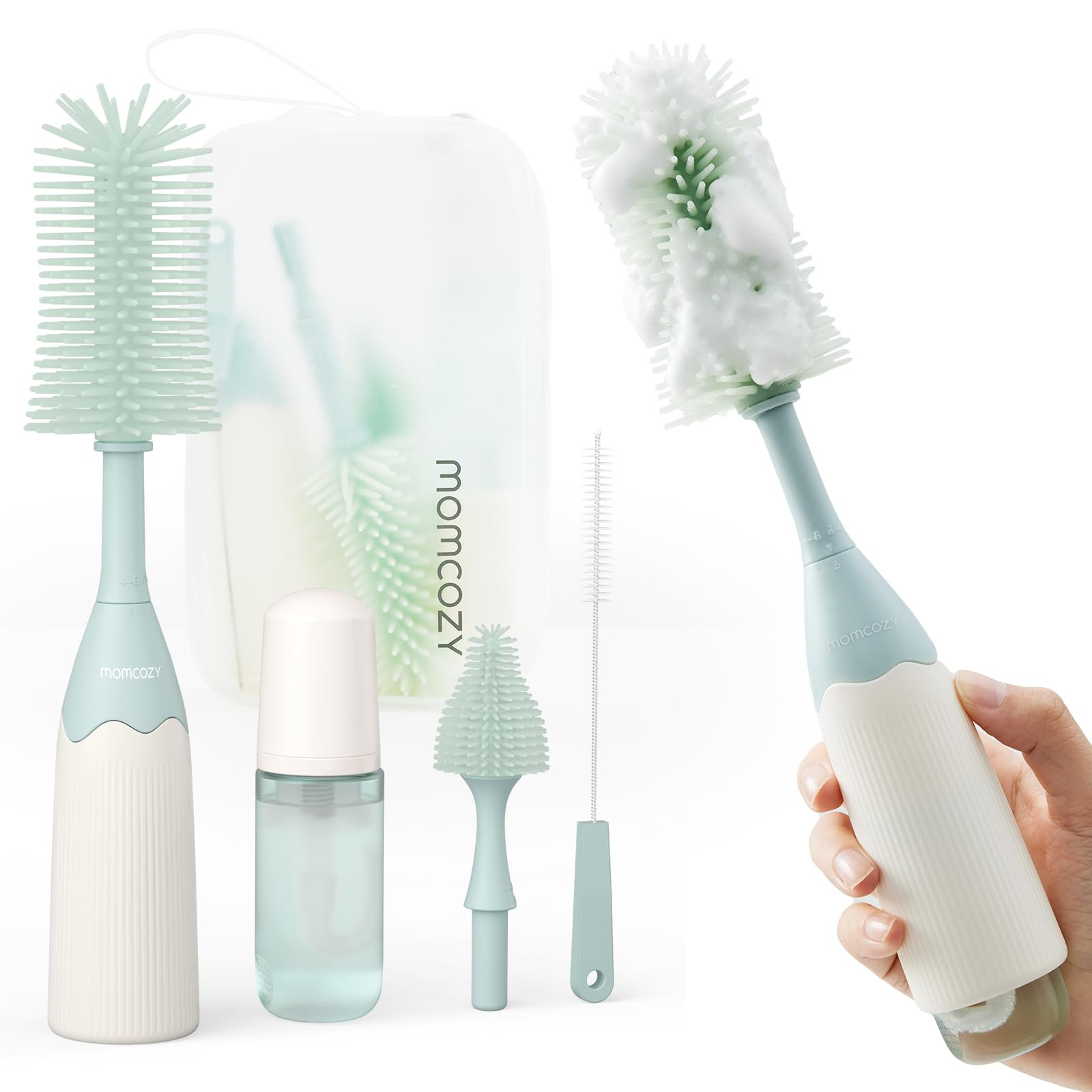 Momcozy Bottle Brush Kit, Innovative Push-Press Design for Better Cleaning - Baby Bottle Cleaner Brush for Baby Bottle, Breast Pumps, Nipples, and More - Can Generate Foam for Better Cleaning, Green | Amazon (US)
