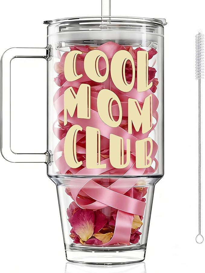 Mothers day gifts 24oz Glass Tumbler with Handle and Leak-Proof Lid,1PCS Cute COOL MOM CLUB Print... | Amazon (US)
