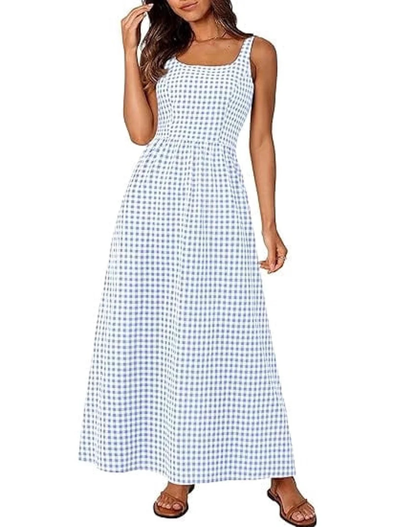 PRETTYGARDEN Women's Summer Spaghetti Strap Maxi Dresses Plaid Square Neck A Line Casual Beach Va... | Walmart (US)