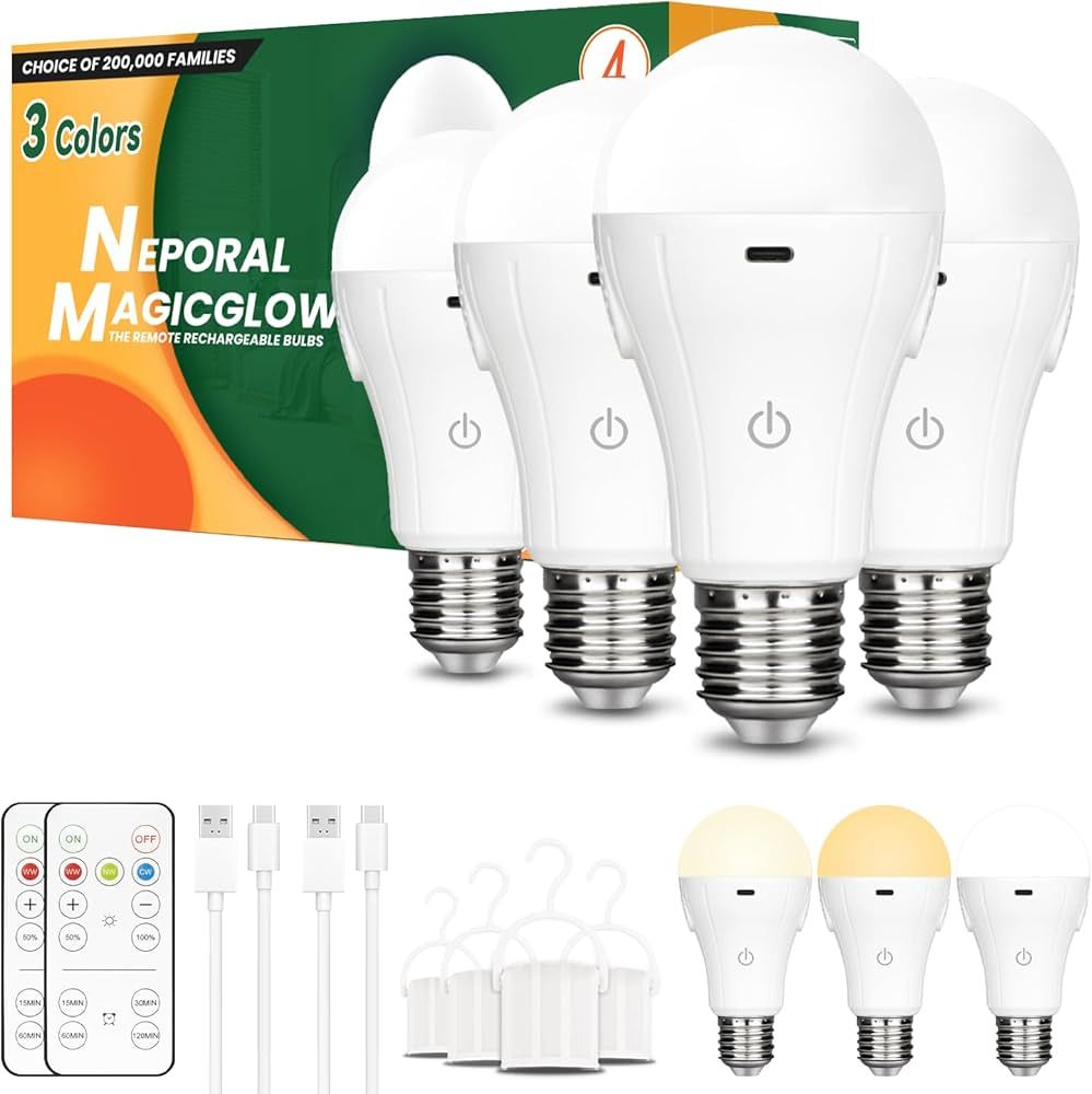 Neporal MagicGlow Rechargeable Light Bulbs with Remote, 3 Colors Shift + Stepless Dimmable Batter... | Amazon (US)