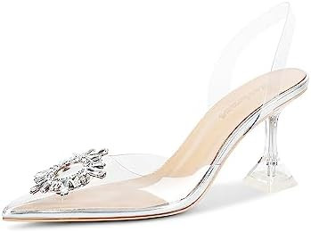 Fericzot Women's Clear Heels Shoes,Slingback Crystal Rhinestones Wedding Pointed Toe Shoes High H... | Amazon (US)