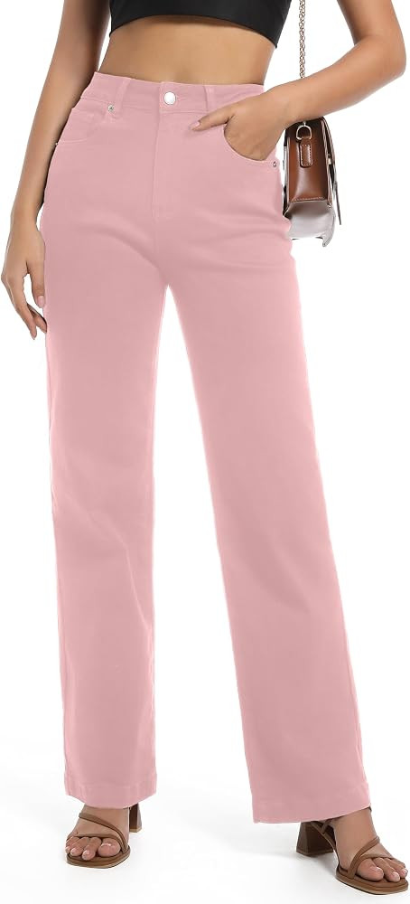 Jeans de cintura alta para mujer, pierna recta, el\u00e1sticos, de moda, pierna ancha, control de... | Amazon (US)