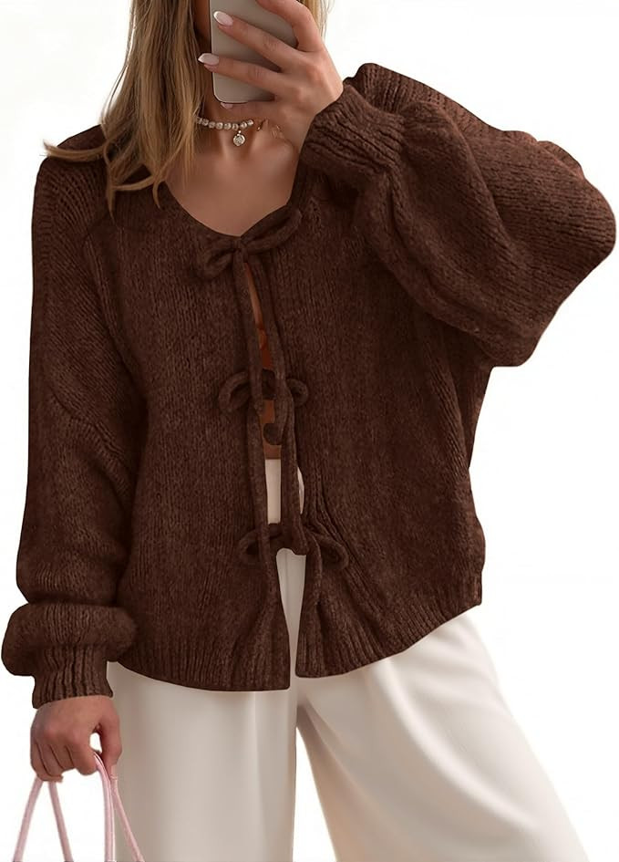 UNCLECAT Womens Bow Tie Front Cardigan Sweaters Oversized Fall Open Front Cardigans Cute Loose Kn... | Amazon (US)