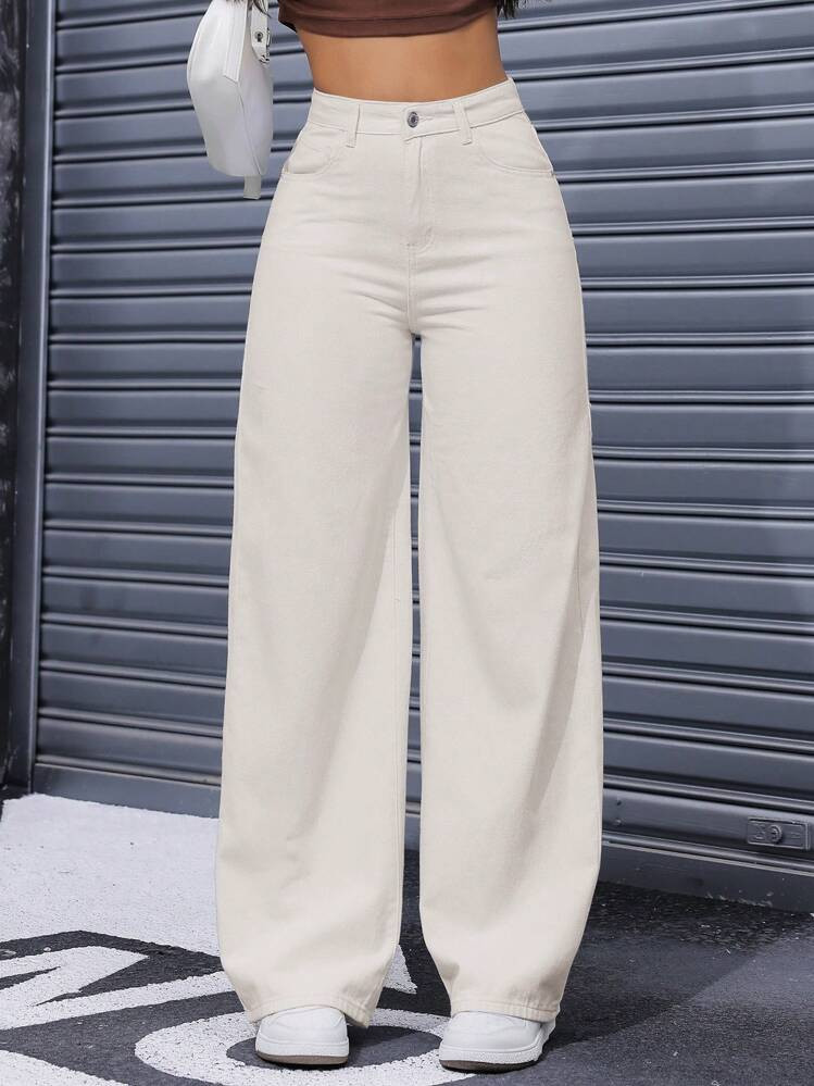 Women Loose Fit Wide Leg Casual Denim Pants With Pockets | SHEIN