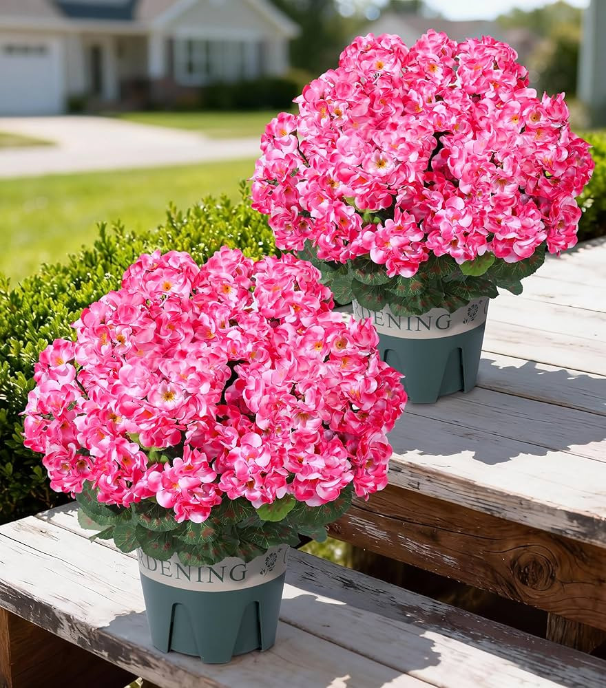 Geraniums Artificial Flowers for Outdoors, 2 Pack Potted Plants Pink Faux Geraniums Bush Artifici... | Amazon (US)