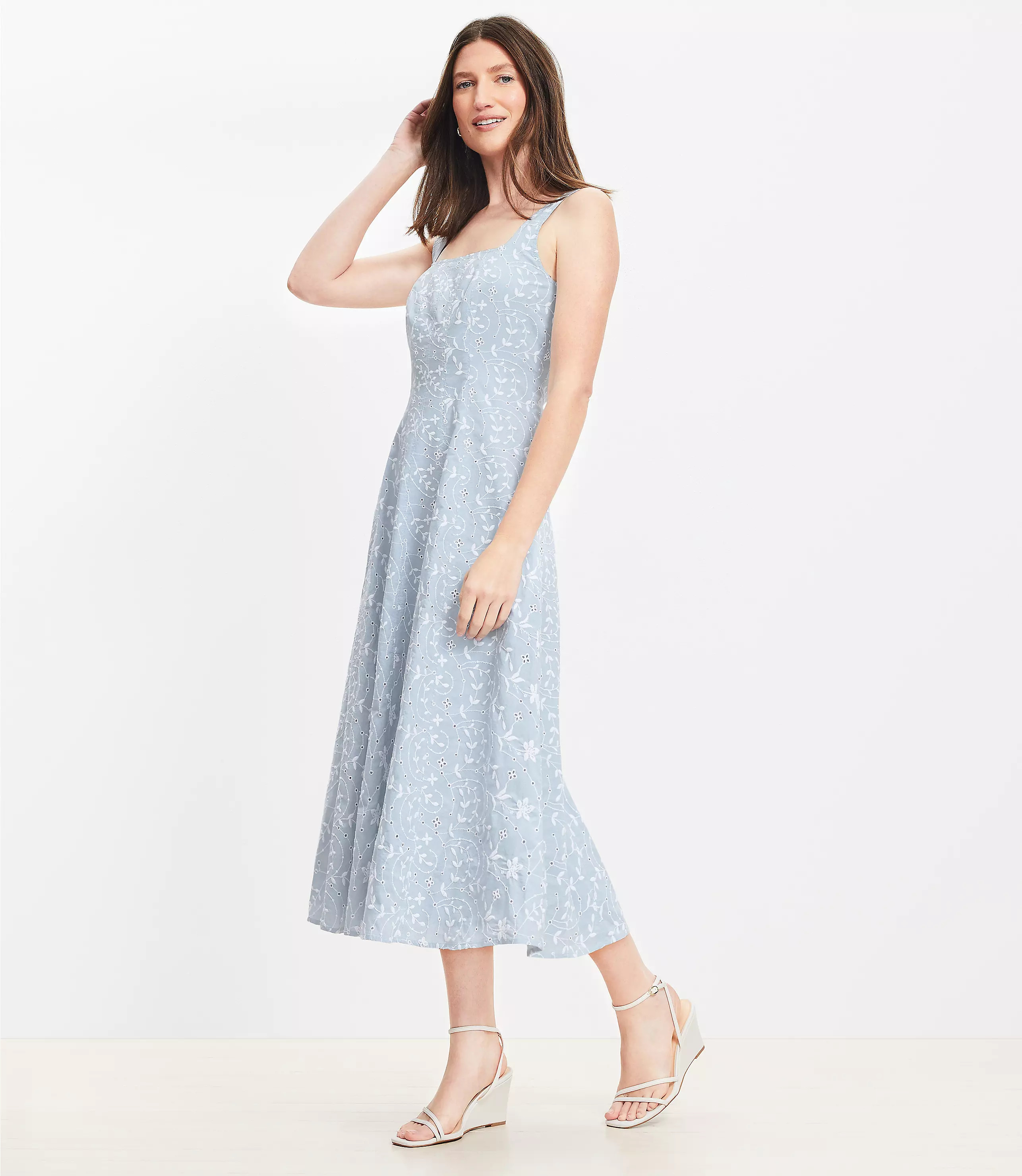 Floral Eyelet Seamed Tank Midi Dress | LOFT