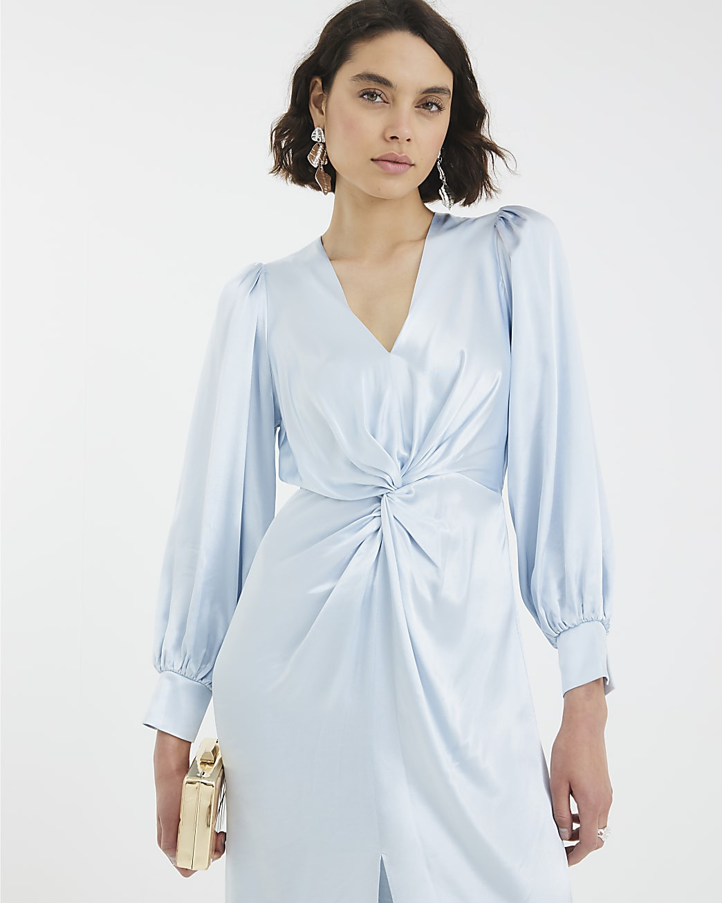 Blue Satin Long Sleeve Twist Front Maxi Dress | River Island UK & IE