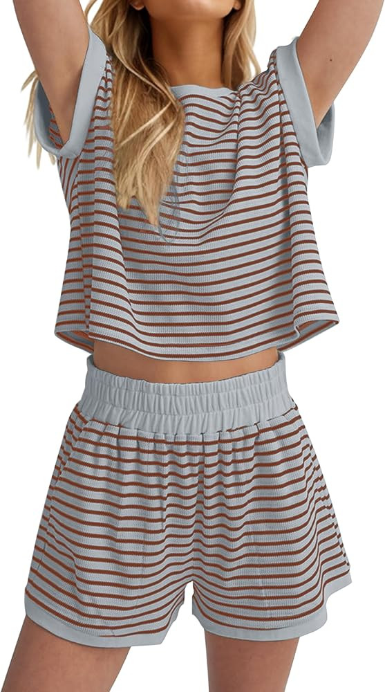 MISSACTIVER 2 Piece Lounge Set Women Stripe Knit Short Sleeve Tee Shirts Shorts Casual Summer Lou... | Amazon (US)