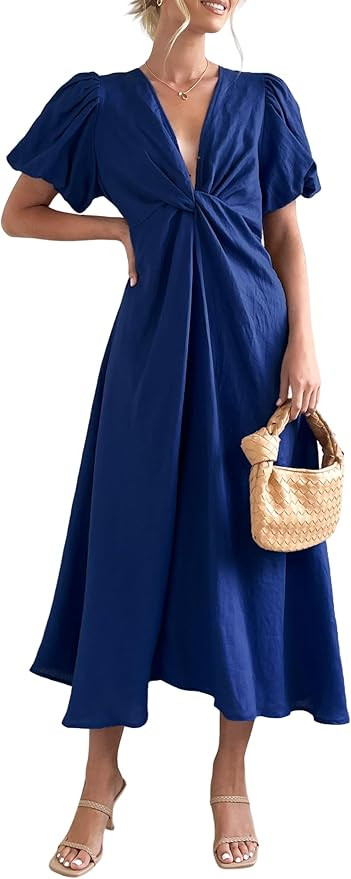Women Puff Sleeve Maxi Dress Twist Front V Neck Long Dresses Casual Summer Beach Midi Dress | Amazon (US)