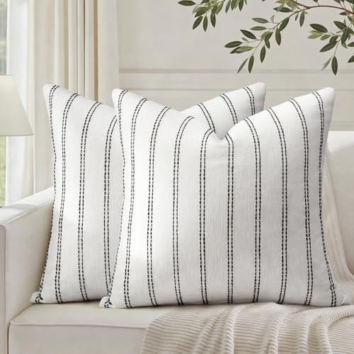 HOMEIDEAS Decorative Black and White Throw Pillow Covers 18x18 Set of 2, Striped Textured Farmhouse Pillow Covers, Soft Chenille Cushion Covers for Couch Sofa Bed Home Decor | Amazon (US)