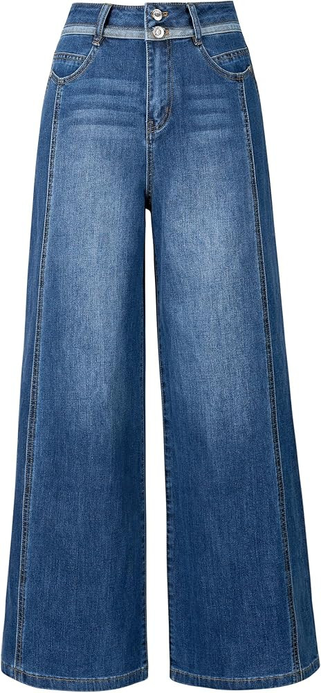 Arach&Cloz Women's Contrast Waistband Fall Business Casual Wide Leg Jeans | Amazon (US)