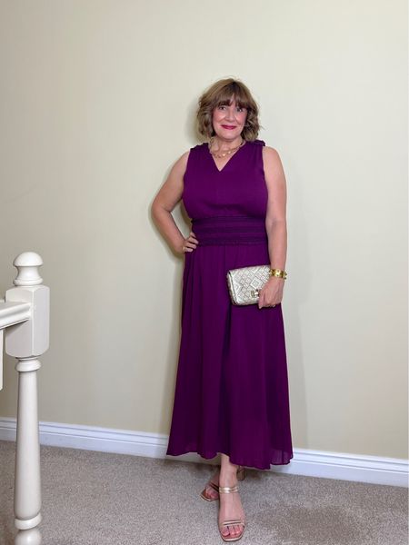 Purple v-neck maxi dress sleeveless, white clutch bag, gold open toe heels 

#LTKSeasonal #LTKeurope #LTKstyletip