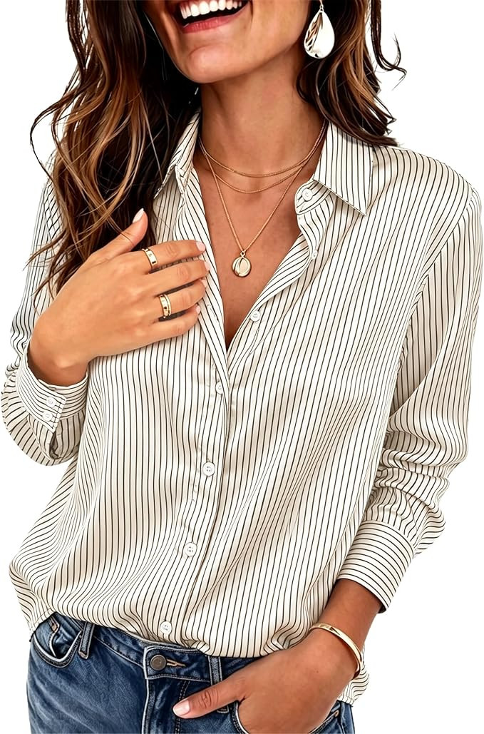 siliteelon Striped Button Down Shirt Satin Silk Blouse Long Sleeve Fall Top | Luxurious & Silky S... | Amazon (US)