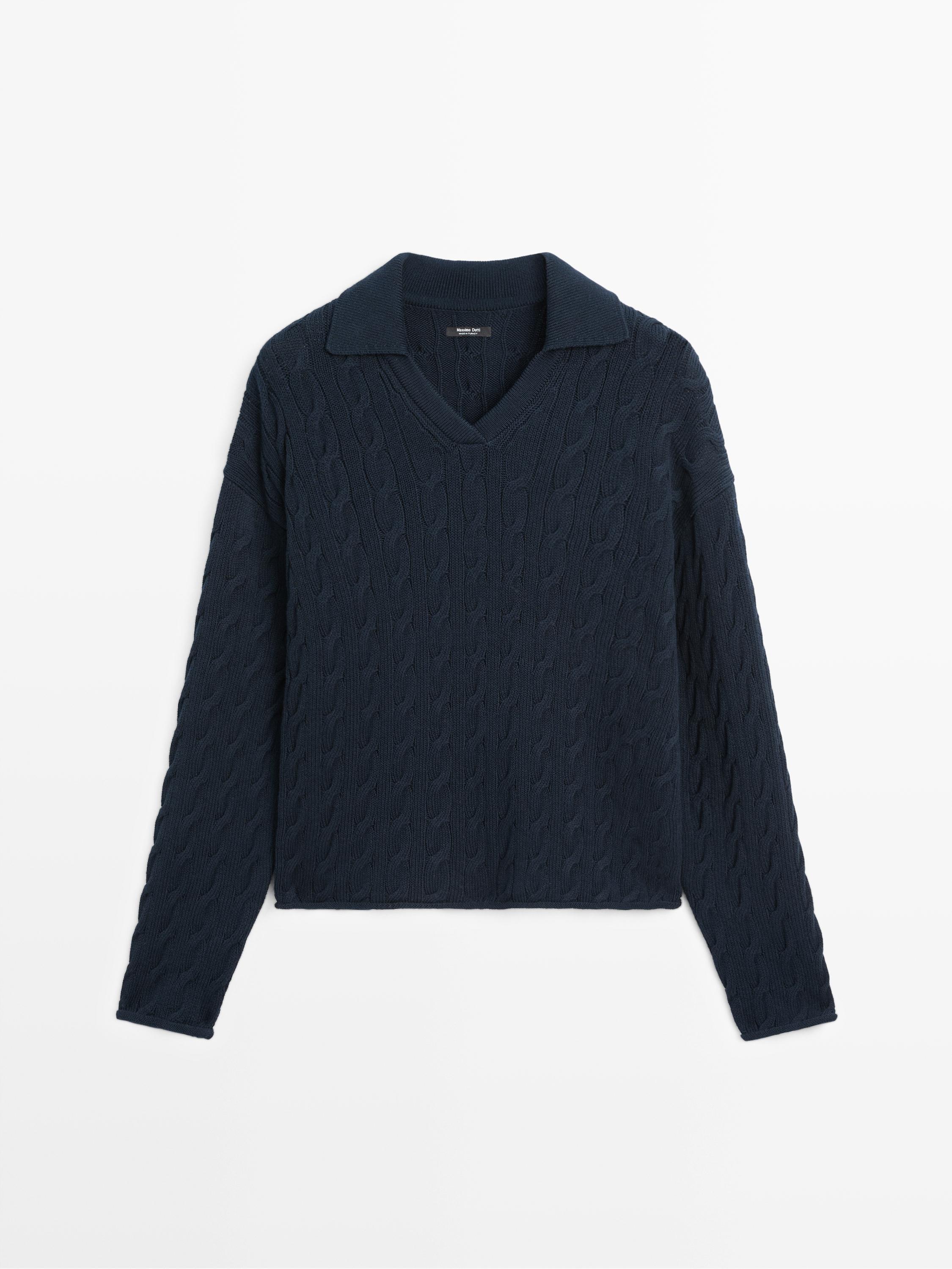 Cotton blend knit polo collar sweater | Massimo Dutti UK