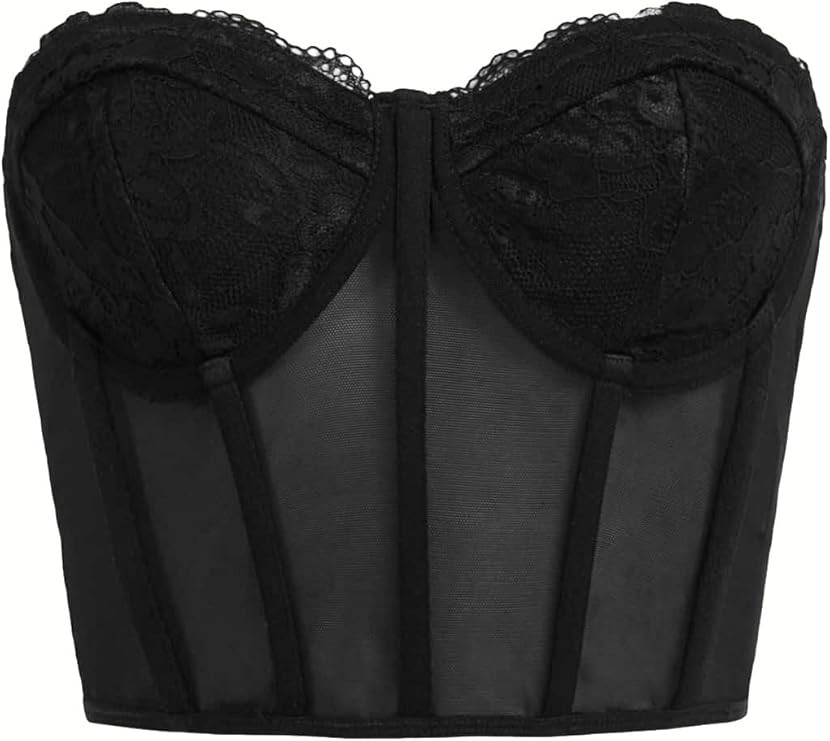 Women's Lace Slim Fit Corset Crop Tops Sheer Mesh Backless Bustier Tops Strapless Tube Top Clubwe... | Amazon (US)