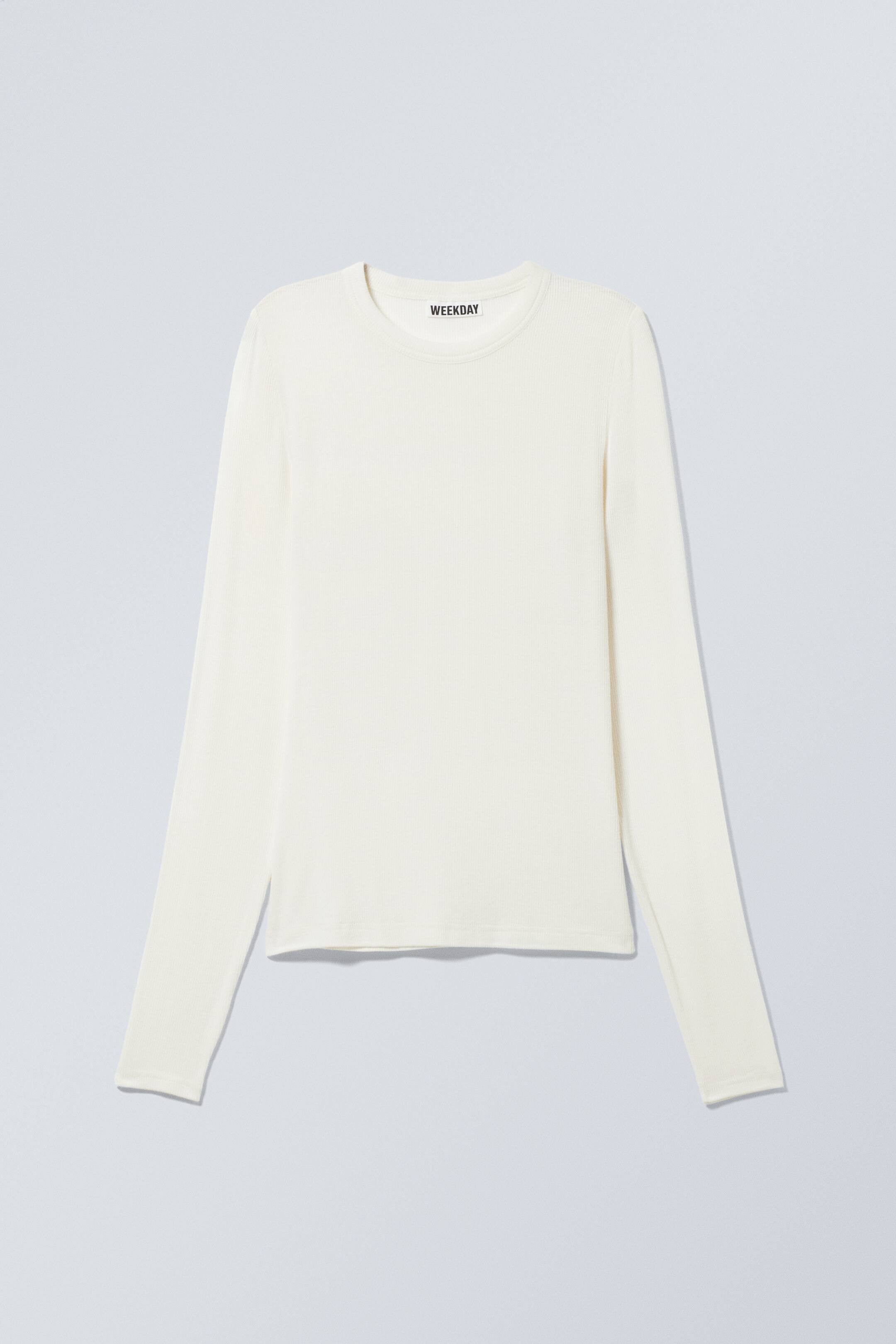 Sheer Ribbed Long Sleeve Top - Round neck - Long sleeve - White - Ladies | H&M GB | H&M (UK, MY, IN, SG, PH, TW, HK)