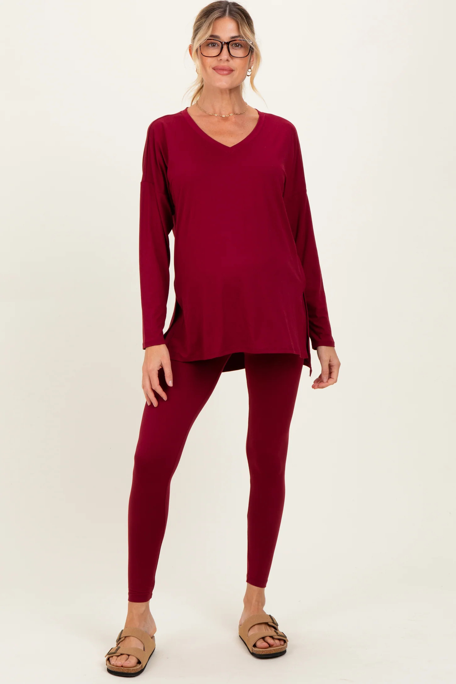 Burgundy Brushed Knit Maternity Oversized Top and Legging Set | PinkBlush Maternity