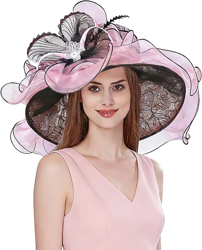Z&X Women Organza Church Derby Hat Wide Brim Sun Hats for Wedding Tea Party Fascinator Hat, Dual-... | Amazon (US)