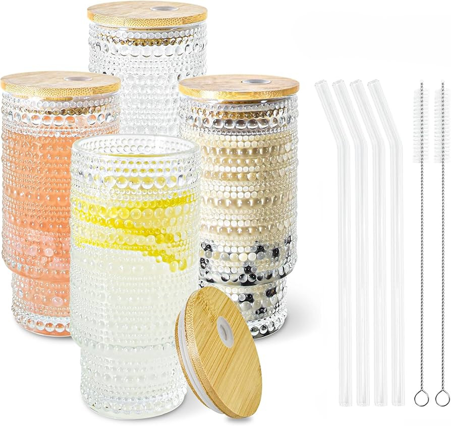 4 Pcs 16 oz Glasses Cups with Bamboo Lids Straws Brush Hobnail Glassware Set for Juice Iced Coffe... | Amazon (US)