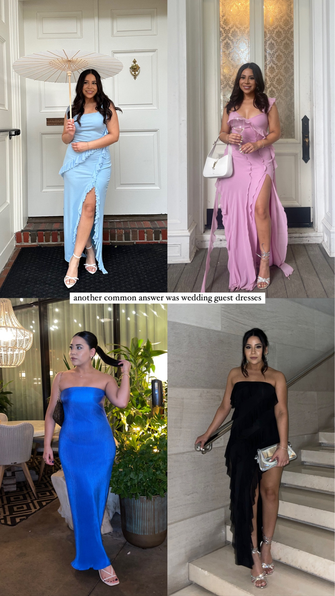 Wedding guest dresses 
Light blue ruffle dress: medium 
Pink ruffle dress: 2 
Royal blue strapless dress: small
Black ruffle strapless dress: small
White pointed toe heels: 7 
Lace up silver heels: 6.5 
White square toe heels: 6.5 
Silver handbag 
White ysl shoulder bag 
Lv multi pochette 

#LTKsalealert #LTKstyletip #LTKwedding