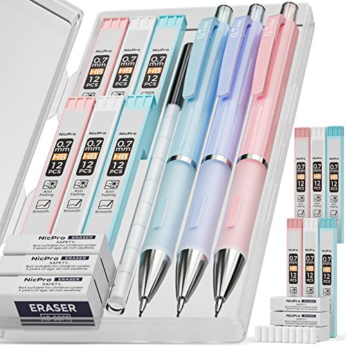 Nicpro 3PCS Cute Mechanical Pencil Set with Case, 0.7 mm Pencils with 6 Tube HB Lead Refill, 3PCS Eraser, 9PCS Eraser Refill for School Supplies Kid Student Writing, Drafting Drawing Sketching | Amazon (US)