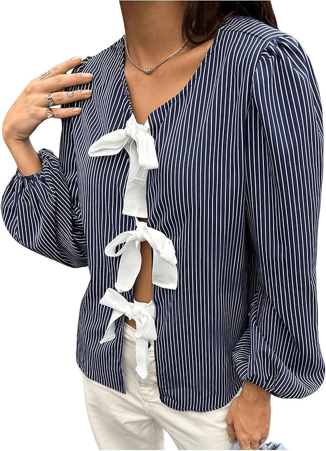 Milumia Women's Striped Puff Long Sleeve Bow Tie Front Blouse Shirt Trendy Y2K Going Out Tops | Amazon (US)