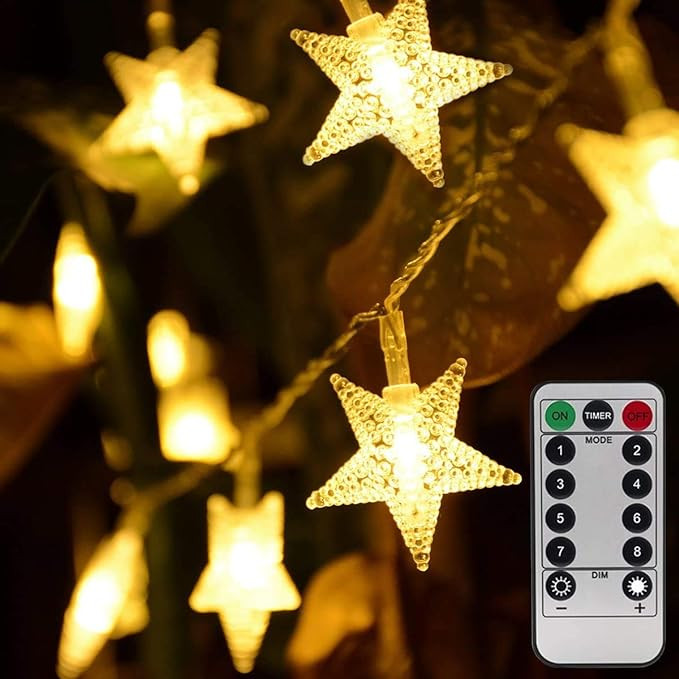 Warm White 50 Led Star Fairy Lights with Remote Control, Battery Powered Five-Pointed Star String... | Amazon (US)