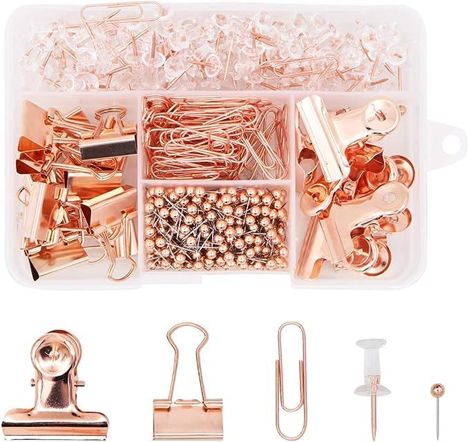 500PCS Office Stationery Set,Rose Gold Paper Clips Binder Clips Push Pins Round Head Pins 5 in 1 ... | Amazon (US)