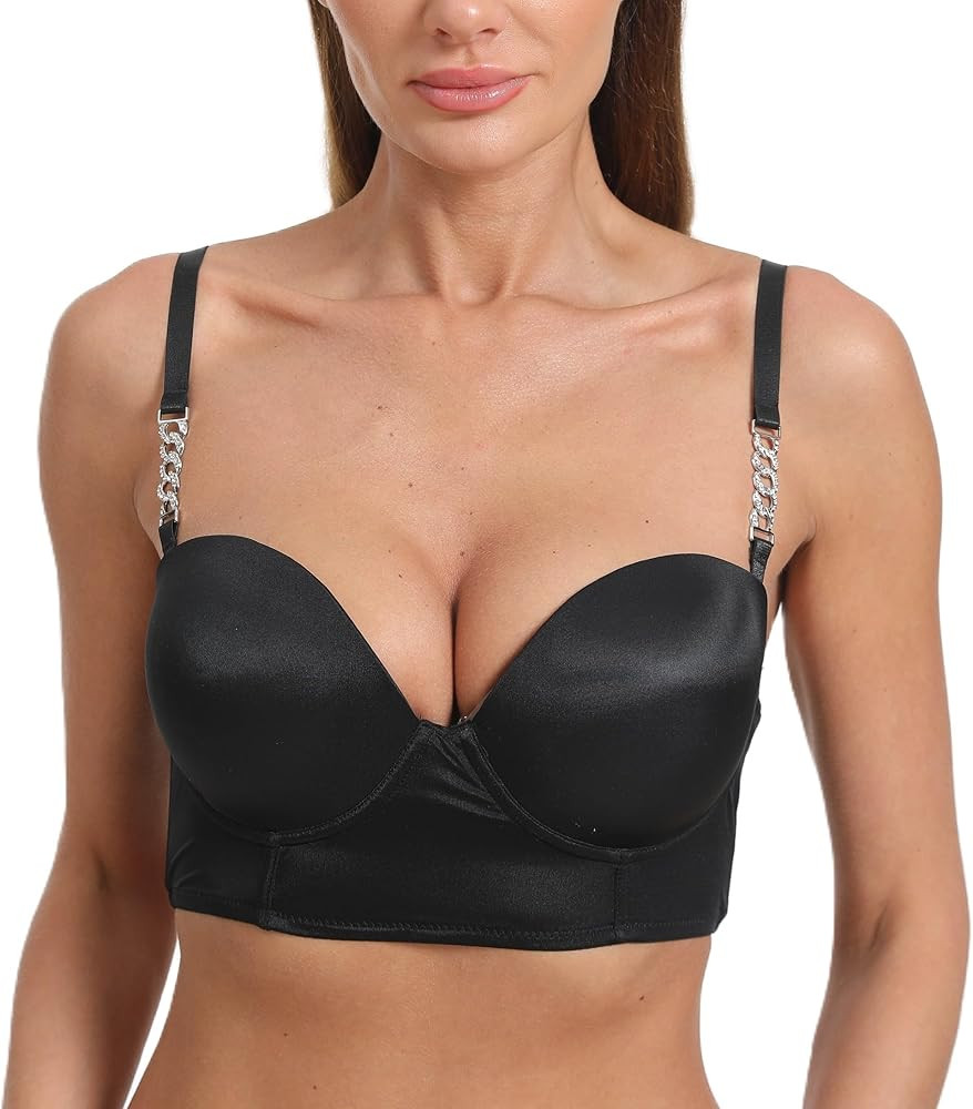 Sexy Push-Up Bras for Women - Black Longline Bra with Rhinestone Buckle Straps, Sweetheart Neckli... | Amazon (US)