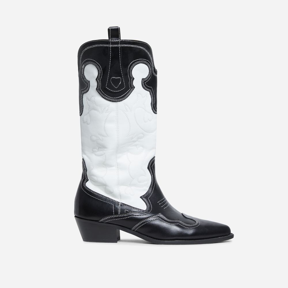 Barn-Dance Embroidered Detail Pointed Toe Block Heel Mid Calf Ankle Western Cowboy Boot In Black ... | EGO Shoes (US & Canada)