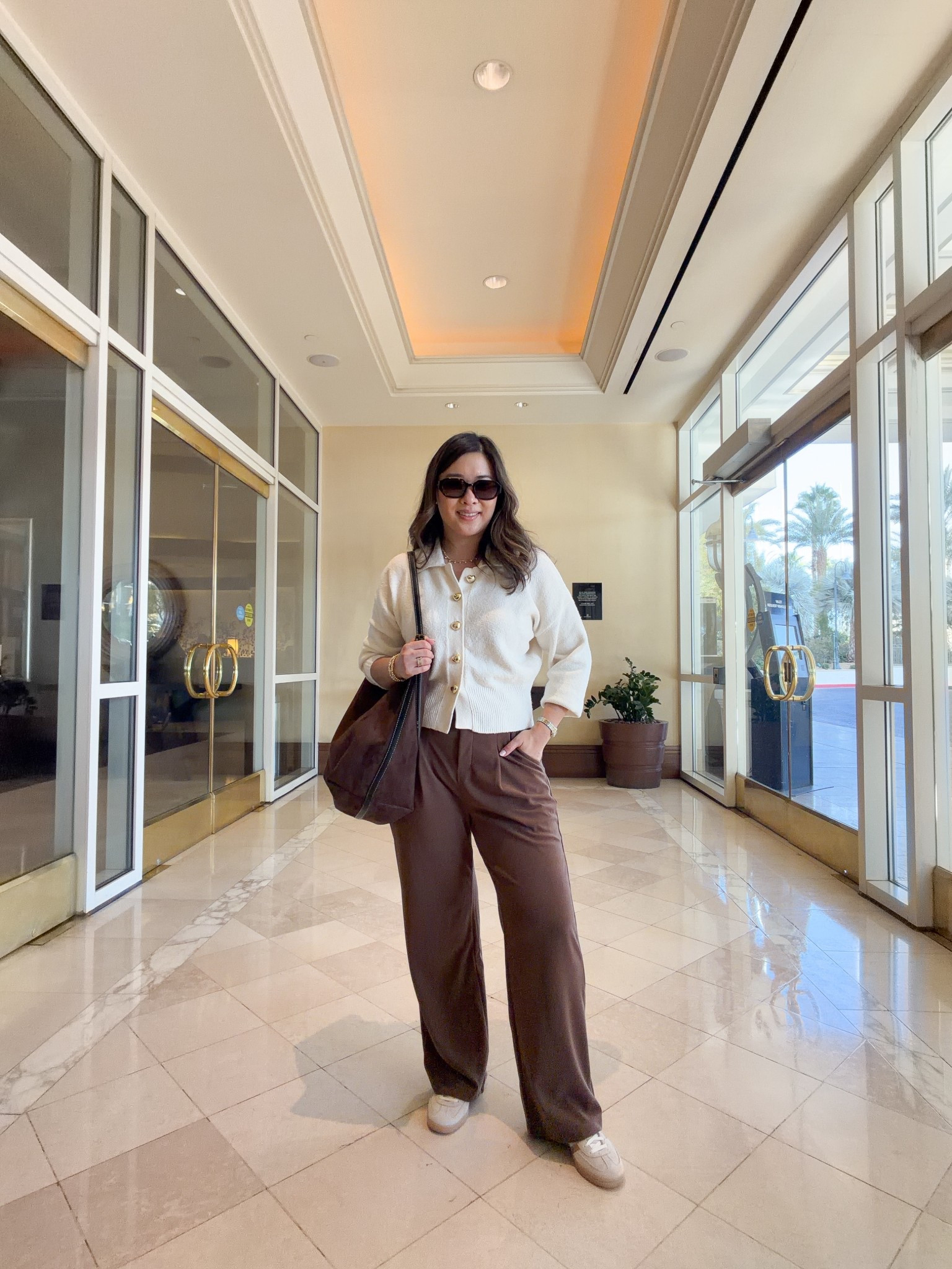 Las Vegas Winter Day Outfit
Heart Button Cardigan: Medium
Trouser Pants: Medium 28”
Adidas Sneakers: Size down a whole sizee