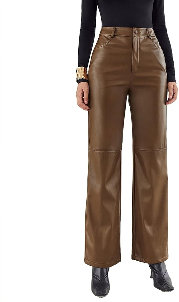 MakeMeChic Women's Faux Leather Pants Straight Wide Leg Leather Pants | Amazon (US)