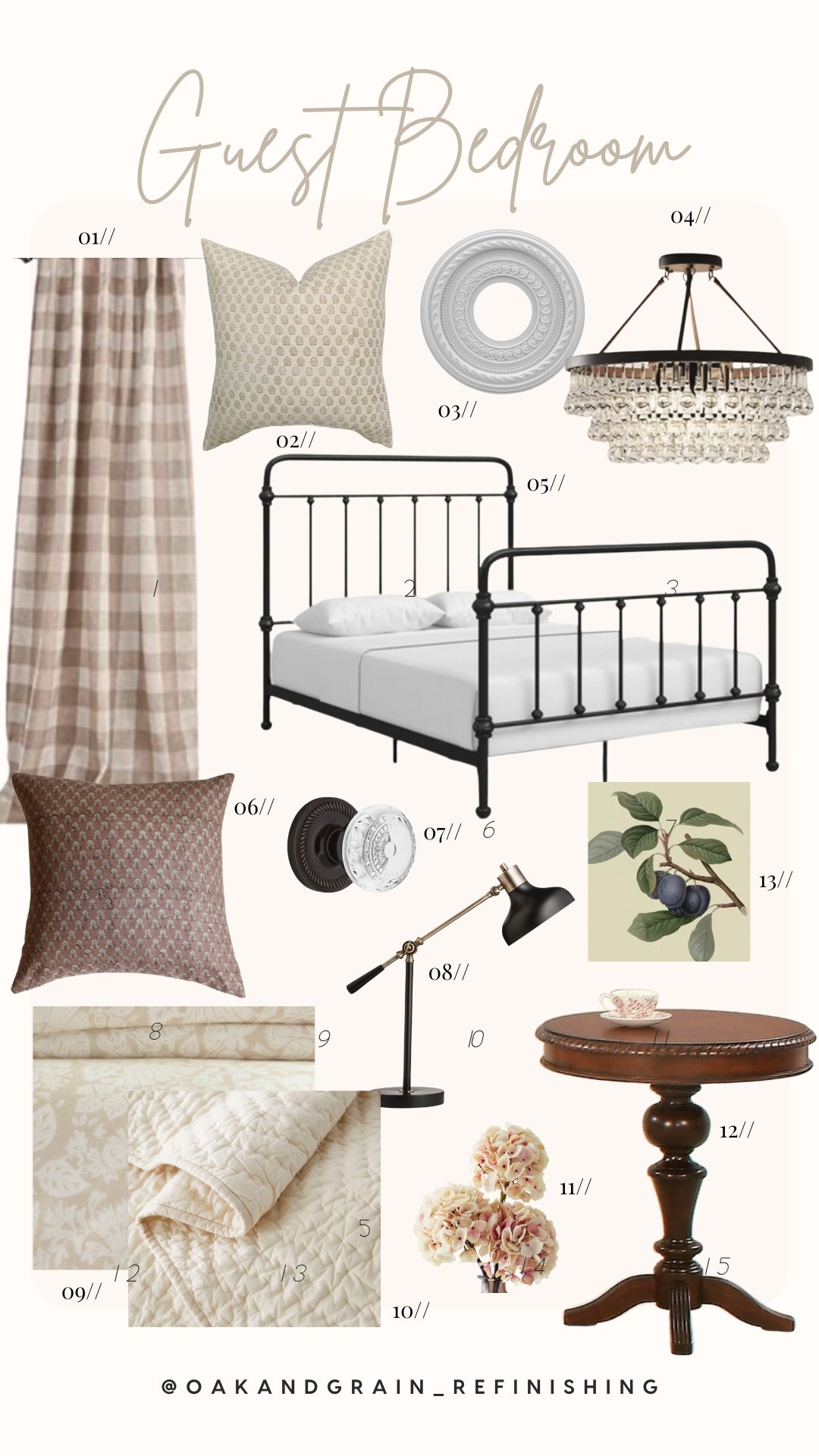 Vintage inspired bedroom decor with wrought iron bed, gingham curtains & soft charming touches