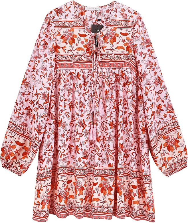 R.Vivimos Womens Long Sleeve Floral Casual Print Cotton Mini Tunic Dress | Amazon (US)