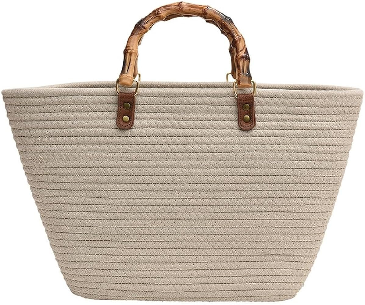 Women's Tote Bag with Bamboo-Inspired Resin Handles Large Straw Tote Bag Woven Handbag Shoulder B... | Amazon (US)